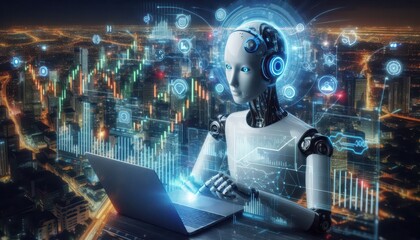 ai robot on background with code content created with generative AI software.