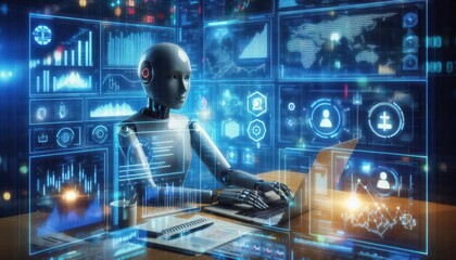 ai robot on background with code content created with generative AI software.