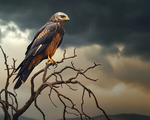 a black kite perched on a barren tree under a stormy sky