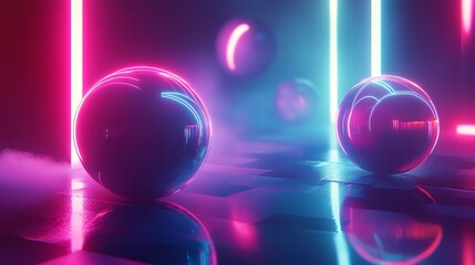 Wall Mural - neon lights illuminate two shiny spheres in a futuristic setting, creating a vibrant, abstract scene