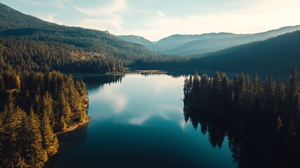 Wall Mural - Aerial view of a serene lake surrounded by lush green forests and mountains.