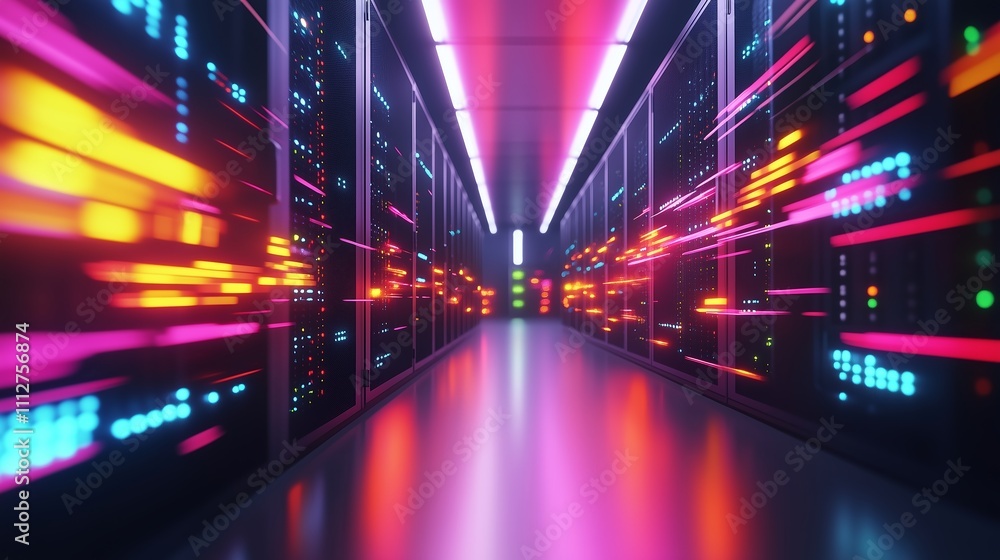 Colorful light trails in a futuristic data center hallway at night