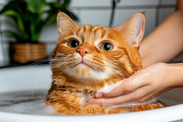 Naklejka na meble Professional groomer bathing a red tabby cat in a sleek, modern salon. Pet care.