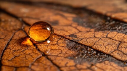 Wall Mural - A close-up of a water droplet resting on a textured brown leaf, showcasing intricate details and natural patterns.