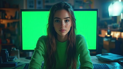 a young caucasian woman is working on a green screen chroma key desktop computer at her night office coders typing code developing contemporary software designing e commerce application