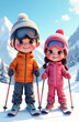 © Родион Бондаренко - happy smiling cartoon teenagers boy and girl skiing