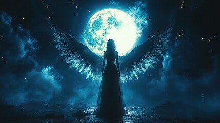 Aufkleber - angel the messenger of god woman under wings with a night sky background