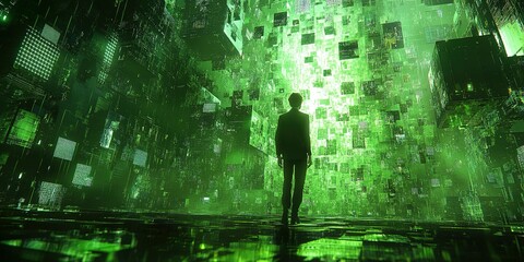Wall Mural - person exploring a digital green world filled with floating blocks of light and patterns