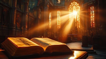 Poster - bible in the church lit by the rays of the sun