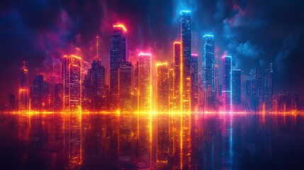 Poster - cardiogram line forming city skyscrapers silhouettes in three neon color