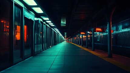 Empty subway platform at night, vibrant neon lights.