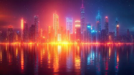 Poster - cardiogram line forming city skyscrapers silhouettes in three neon color