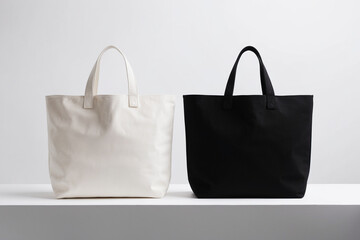 White and black tote bags mockup on a grey background.