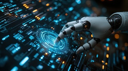 Poster - chatbot chat with ai artificial intelligence man using technology smart robot ai artificial intelligence entering command prompt to produce something futuristic technology transformatio