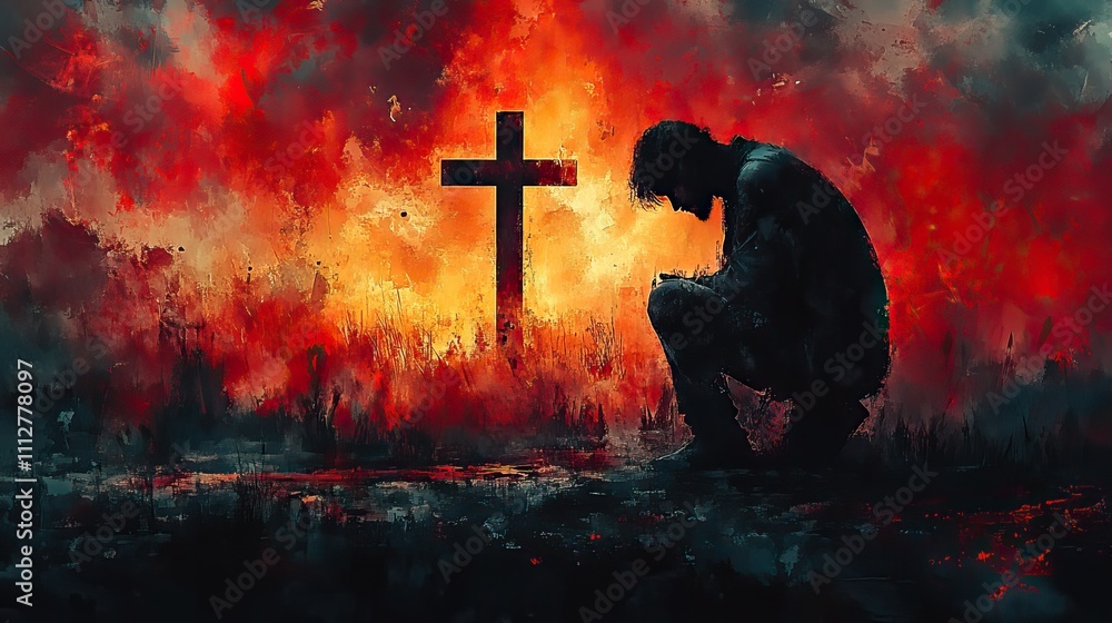 christian man praying in front of a christian cross jesus silhouette in ...