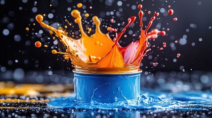 Leinwandbilder - colorful paint splatters rising from a small paint can with a black background and vibrant colors