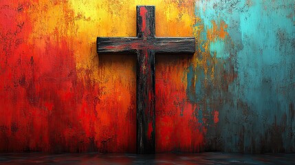 Leinwandbilder - cross of jesus christ with shroud on abstract colorful paint background digital illustration