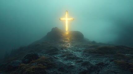 Poster - cross with radiant glow surrounded by light standing tall on a hill
