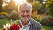 © Beniamin - Elderly caucasian man smiling with flower bouquet in sunny garden