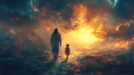 Poster - digital painting of jesus walking with a little girl towards light rear view