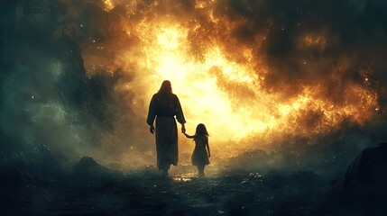 Poster - digital painting of jesus walking with a little girl towards light rear view