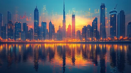 Poster - downtown dubai s business skyscrapers western asia s international center for finance and trade concept of forex charts and graphs double exposure dubai canal waterfron