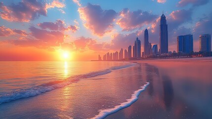 Poster - dubai city amazing city center skyline and famous jumeirah beach at sunset united arab emirate
