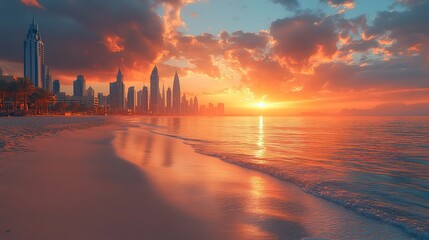 Poster - dubai city amazing city center skyline and famous jumeirah beach at sunset united arab emirate