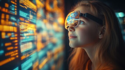 Smart Home Gadgets. Young female programmer analyzing digital code on transparent screen, futuristic technology concept for software development, IT work, innovation, with warm lighting and blurred b