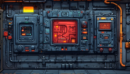 Futuristic control panel with glowing red screen and various buttons and switches.