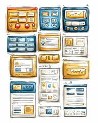 Hand-drawn sketches of various website and app interfaces.