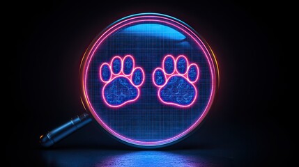 Poster - glowing neon paw search icon isolated on black background magnifying glass with animal footprints vecto