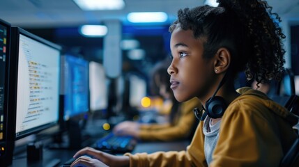 Wall Mural - confident schoolgirl coding in modern technology lab with classmates