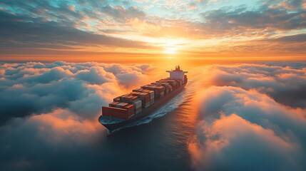Poster - high altitude view of an airplane passing through the clouds a cargo ship sailing on the sea a clear sky blue and white tones creative us