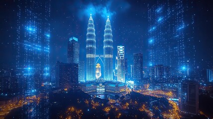 Poster - holographic information flow with a nighttime panorama of kuala lumpur s cityscape the biggest technology hub in malaysia asia is kl the notion of scientific programming double exposur