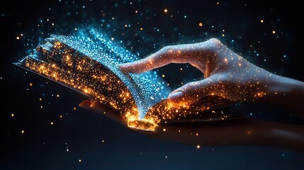 Fototapete - human hand touching on a book low poly wireframe online education blue background or concept with opened book digital online reading or course