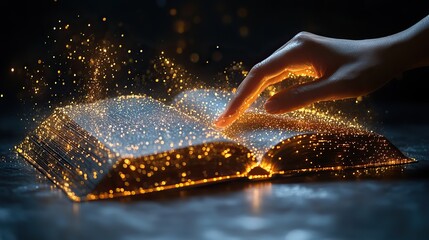 Aufkleber - human hand touching on a book low poly wireframe online education blue background or concept with opened book digital online reading or course
