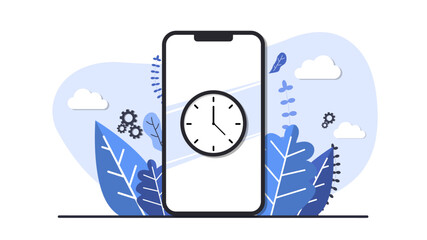 Phone with blue backdrop. Clouds with leaves, abstract background concept. Time clock concept. Vector illustration. Design for web, banner, background, wallpaper.