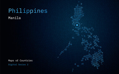 A map of Philippines depicted in zeros and ones in the form of a circle. The capital, Manila, is shown in the center of the circle