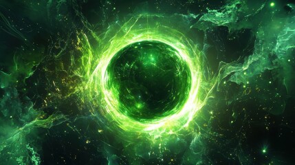 Wall Mural - Mysterious Green Energy Orb Surrounded by Cosmic Space Elements