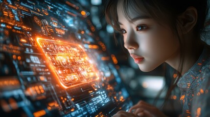 Artificial Intelligence Trends. Futuristic woman analyzing glowing digital interface, tech innovation concept for AI development, cyber security, programming, or data analysis, neon lights, high-tech