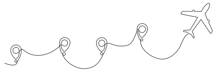 Wall Mural - airplane continuous line drawing with map pin pointer. airplane flying with start point route. trave