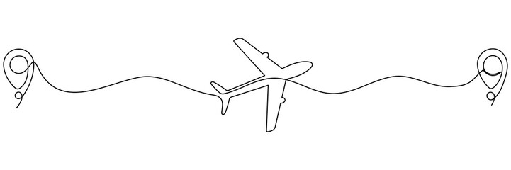 Wall Mural - airplane continuous line drawing with map pin pointer. airplane flying with start point route. trave