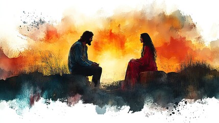 Poster - jesus talking to a samaritan woman at the well digital watercolor illustration