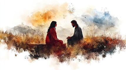 Poster - jesus talking to a samaritan woman at the well digital watercolor illustration