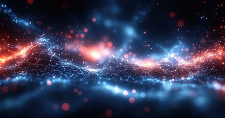 Quantum Data Flow. Futuristic digital network visualization with glowing particles and data streams, technology background for science presentations, innovation concepts, and high-tech website design