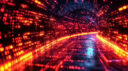 Cybersecurity Data Flow. Futuristic digital tunnel with glowing orange binary code flowing, technology concept for cybersecurity, data transmission, innovation, abstract background for presentations,