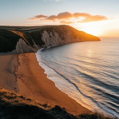 Golden Hour Serenity at Coastal Cliffs and Sandy Beach