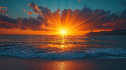Poster - light of faith dramatic sunset over the sea with rays of golden light and clouds