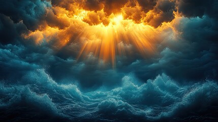 Leinwandbilder - light of faith view of a stormy sea with golden rays of sun shining through the clouds